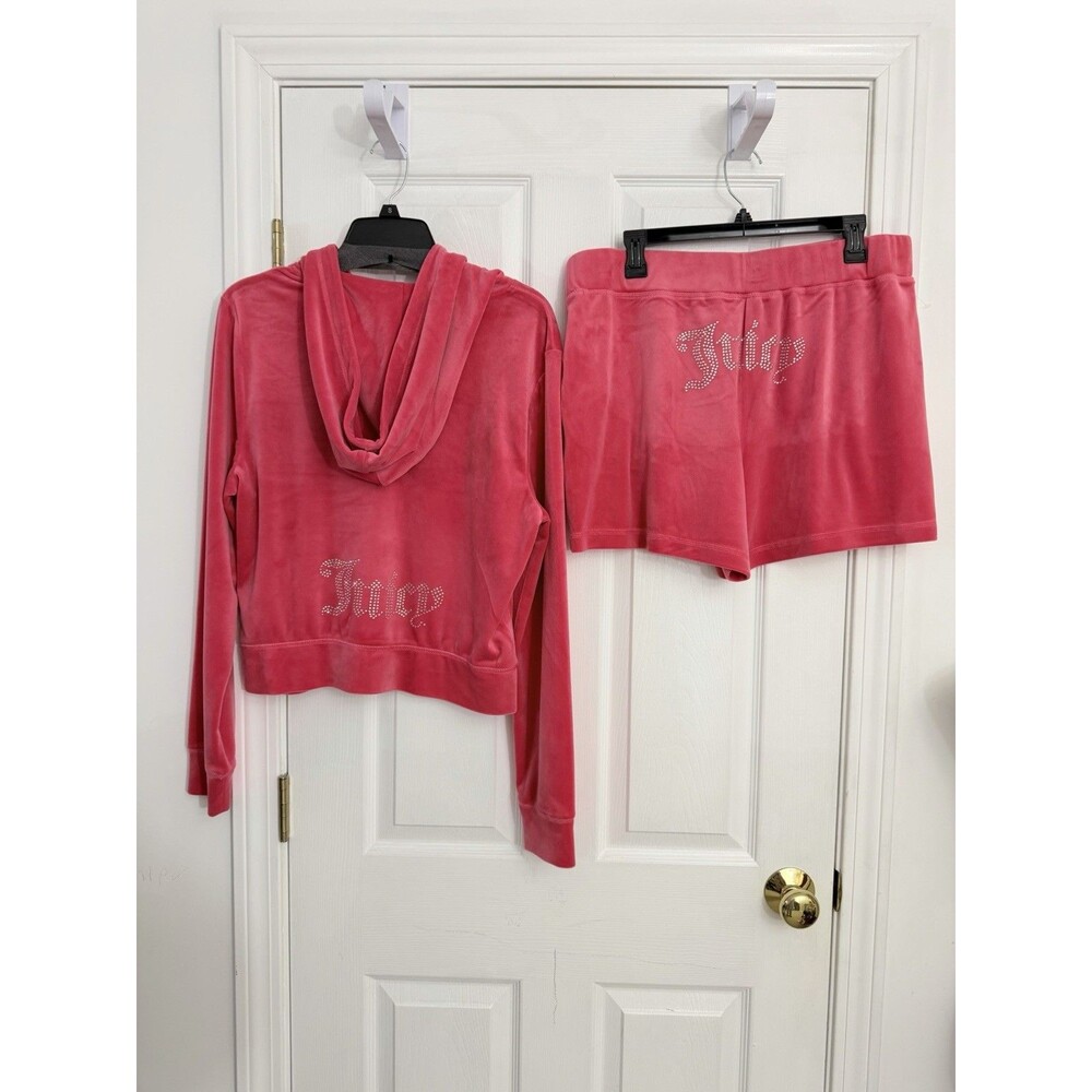 Juicy Couture Watermelon Pink Velour Tracksuit Hoodie and Shorts Set XL NWT - Picture 8 of 9